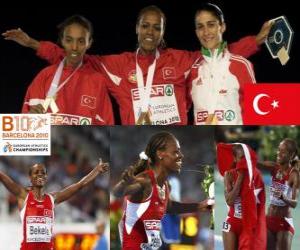 yapboz Alemitu 5000 m şampiyonu Bekele, Elvan Abeylegesse ve Sara Moreira (2 ve 3) Avrupa Atletizm Şampiyonası&#039;nda Barcelona 2010